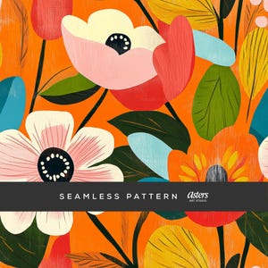 Pode incluir: Padrão floral sem costura com grandes flores estilizadas em tons de rosa, vermelho, laranja, amarelo e azul sobre um fundo laranja. O texto "SEAMLESS PATTERN" é exibido em branco em uma faixa preta.