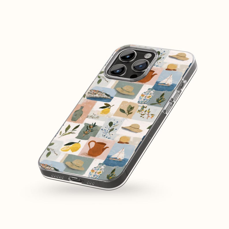 May include: A clear phone case with a colorful, patterned design. The pattern features squares with illustrations of hats, lemons, sailboats, and teapots in shades of blue, beige, and brown. The case has a black border and covers the phone's camera.