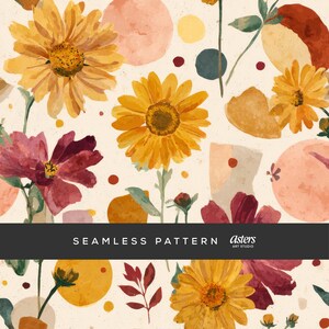 May include: Seamless pattern featuring watercolor flowers in shades of yellow, orange, and burgundy, with abstract shapes and dots on a cream background. The text "SEAMLESS PATTERN" is displayed in a black banner.