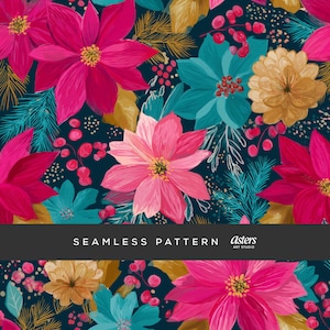 May include: Seamless pattern featuring vibrant pink poinsettias, teal flowers, and golden accents on a dark navy background. The design includes berries and foliage, creating a festive floral arrangement. The text "SEAMLESS PATTERN" is displayed.
