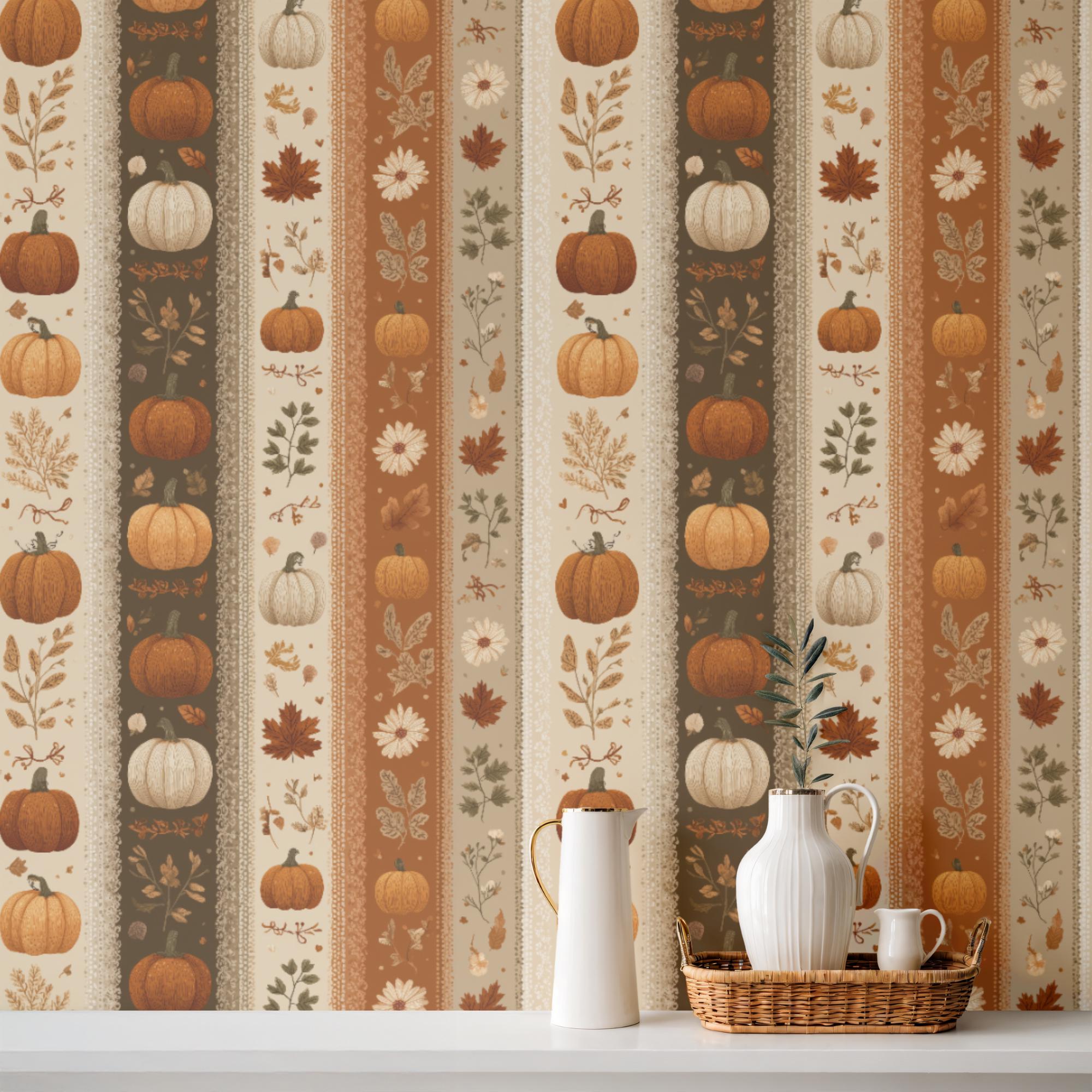 Seamless Fall Pumpkin Floral Pattern With Vintage Autumn Leaves and ...