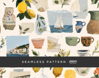 Mediterranean Seamless Pattern, Amalfi Digital Paper, Italian Summer Lemon Print, Vintage Floral Pattern, Cozy Fabric Design, Commercial Use