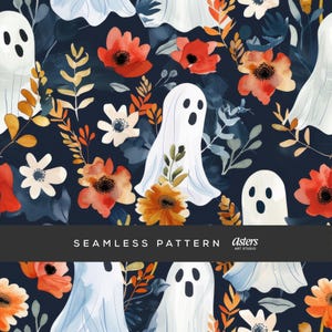 May include: Seamless pattern featuring white ghosts, orange and red flowers, and foliage on a dark blue background. The design includes the text "SEAMLESS PATTERN" and "Asters ART STUDIO".