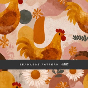 Farm Rooster Seamless Pattern Rustic Chicken and Daisy Digital Paper Vintage Country Floral Background Farmhouse Sublimation Design