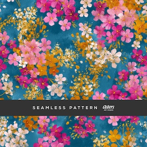 Könnte beinhalten: Nahtloses Muster mit einem Aquarelldesign aus rosa, weißen und gelben Blumen auf türkisblauem Hintergrund. Der Text "SEAMLESS PATTERN" wird in einem schwarzen Banner angezeigt.