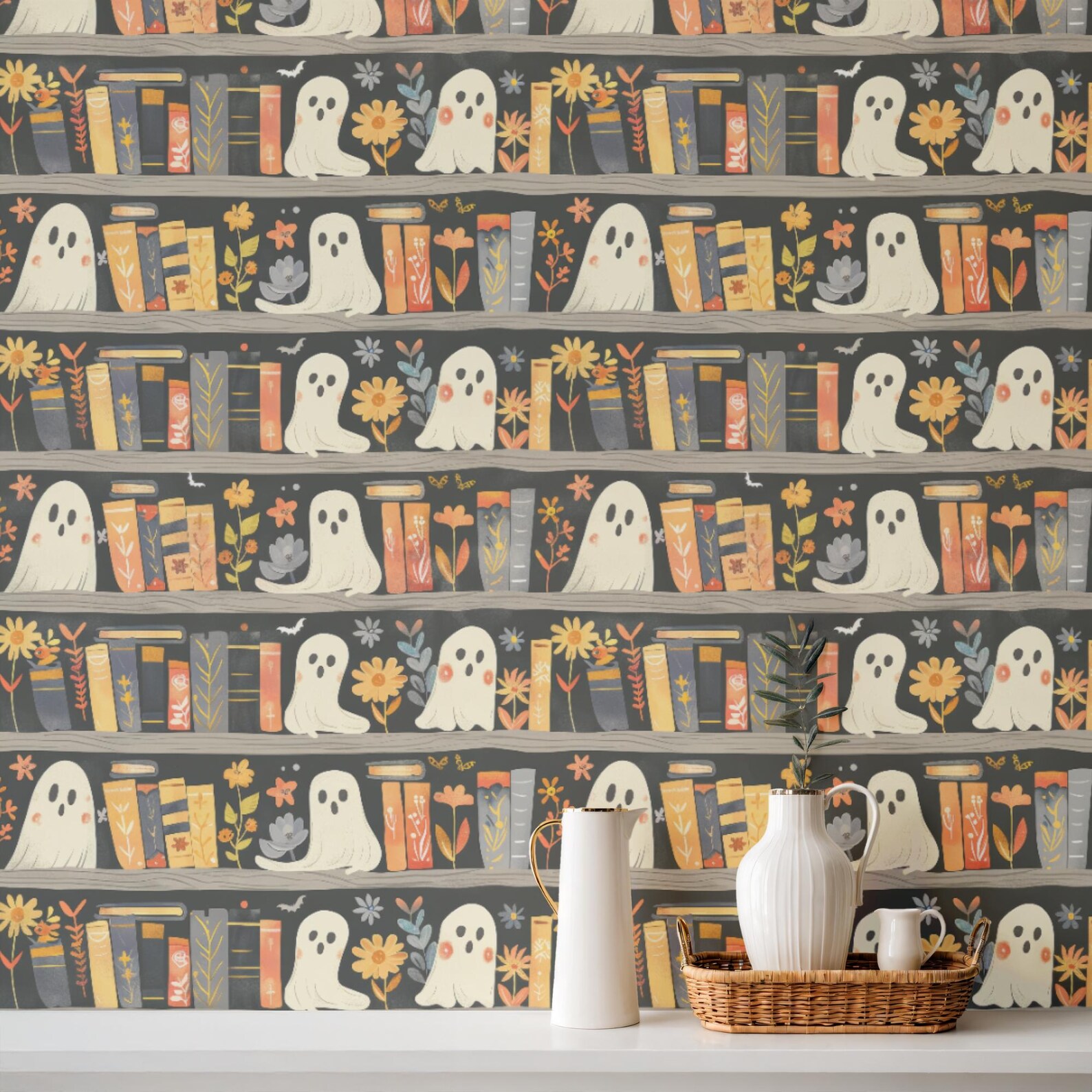 Bookish Ghost Seamless Pattern, Haunted Library Digital Paper ...