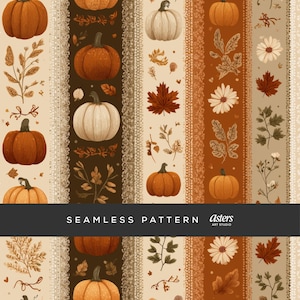 Peut inclure: Motif sans couture avec des citrouilles, des feuilles et des fleurs dans des tons orange, marron et crème. Le motif comprend des rayures verticales avec divers éléments sur le thème de l'automne. Le texte "SEAMLESS PATTERN" est affiché en bas.