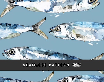 Fish Seamless Pattern Sardines Cute Fisherman Aesthetic Ocean Fish Sea Pattern Blue Fish Repeat Pattern Fish Digital Paper Seamless Pattern