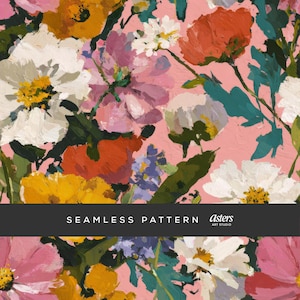 May include: A seamless floral pattern featuring a variety of flowers in shades of pink, white, orange, yellow, and purple. The flowers are painted with visible brushstrokes against a pink background. The text "SEAMLESS PATTERN" is displayed.