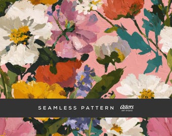 May include: A seamless floral pattern featuring a variety of flowers in shades of pink, white, orange, yellow, and purple. The flowers are painted with visible brushstrokes against a pink background. The text "SEAMLESS PATTERN" is displayed.