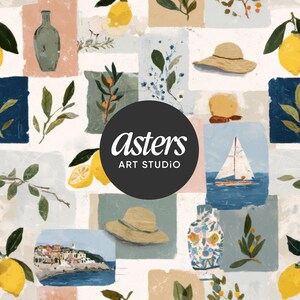 May include: A repeating pattern of watercolor illustrations featuring lemons, hats, sailboats, vases, and foliage. The color palette includes pastel shades of blue, pink, and green. The text "Asters ART STUDIO" is in a black circle.