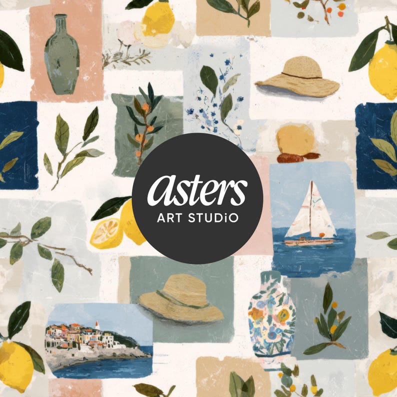 May include: A repeating pattern of watercolor illustrations featuring lemons, hats, sailboats, vases, and foliage. The color palette includes pastel shades of blue, pink, and green. The text "Asters ART STUDIO" is in a black circle.