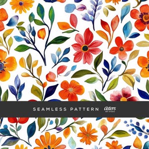 May include: Watercolor floral seamless pattern featuring orange, red, and blue flowers with green and yellow leaves on a white background. The text "SEAMLESS PATTERN" is displayed in a black banner.