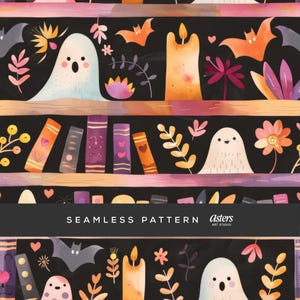 May include: Seamless pattern featuring a whimsical design with ghosts, bats, candles, and books on shelves. The design includes floral elements and the text "SEAMLESS PATTERN" and "Asters ART STUDIO". The color palette includes black, orange, pink, and purple.