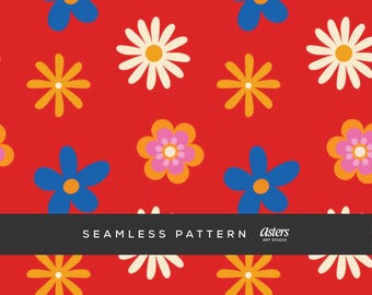 Papel digital retro con flores rojas, fondo floral sin costuras de los años 70 con margaritas, patrón hippie vintage imprimible para álbum de recortes.