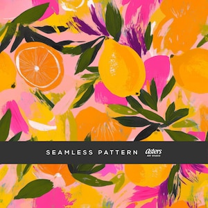 May include: Seamless pattern with oranges, lemons, and green leaves on a pink backdrop. The design incorporates bright pink, yellow, and purple brushstrokes. The text "SEAMLESS PATTERN" is displayed in white on a black banner.