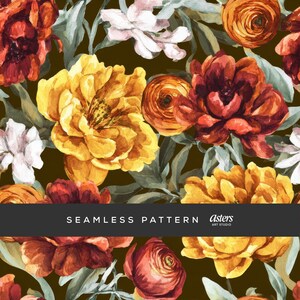 May include: Seamless floral pattern featuring watercolor flowers in shades of yellow, orange, red, and white against a dark brown background. The design includes various flower types and green leaves. Text on the image reads "SEAMLESS PATTERN" and "Asters ART STUDIO."