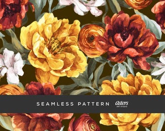 May include: Seamless floral pattern featuring watercolor flowers in shades of yellow, orange, red, and white against a dark brown background. The design includes various flower types and green leaves. Text on the image reads "SEAMLESS PATTERN" and "Asters ART STUDIO."