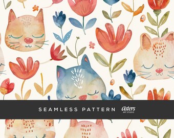 Akvarell katt sömlöst mönster, söt blommig kattunge digitalt papper, nyckfull katt ansikte upprepa design, handmålad barnrumsbakgrund