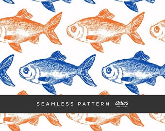 Fish Seamless Pattern, Oceancore Fishes Digital Paper, Blue Orange Marine Surface Design, Fishermancore Ocean Scrapbook Repeat Background