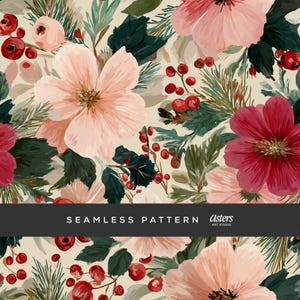 May include: A seamless pattern featuring watercolor flowers in shades of pink and red, with green foliage and red berries. The design includes the text "SEAMLESS PATTERN" and "Asters ART STUDIO" on a dark gray banner.