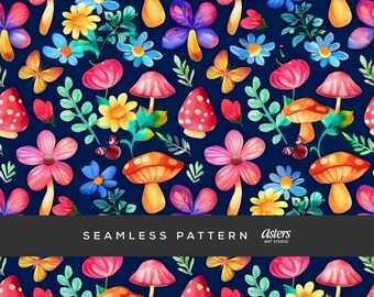 Mushroom Seamless Pattern Colorful Cottagecore Mushroom Background Forest Mushroom Repeating Background Whimsical Mushroom Digital Paper