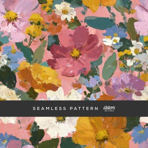 May include: Seamless floral pattern with a variety of colorful flowers in shades of pink, yellow, orange, white, and blue. The flowers are painted with visible brushstrokes on a pink background. The text "SEAMLESS PATTERN" is displayed.