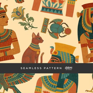 May include: Seamless pattern featuring Egyptian-inspired illustrations. The design includes figures, a cat, scarab beetles, and floral elements in shades of brown, teal, yellow, and red on a cream background. The text "SEAMLESS PATTERN" is displayed.