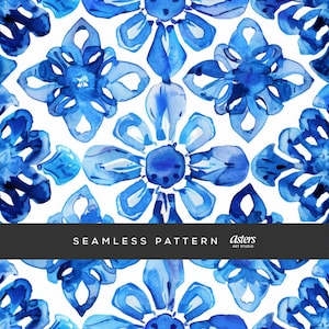 May include: A seamless pattern of blue watercolour floral designs on a white backdrop. The flowers have a detailed, artistic appearance. The text "SEAMLESS PATTERN" is displayed in a black banner.