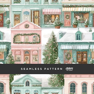 May include: Seamless pattern featuring watercolor illustrations of pastel-colored buildings with snow-covered roofs and Christmas decorations. The buildings have wreaths on the doors and windows, and small Christmas trees are placed in front of the buildings. The text "SEAMLESS PATTERN" is displayed.