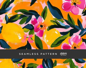 Tropical Lemons Floral Seamless Pattern, Preppy Digital Paper for Summer Crafts, Bright Citrus Design, Bold Painterly Background