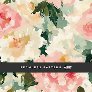 May include: A seamless floral pattern with an artistic, painterly effect. The design showcases large, abstract flowers in pink, peach, green, and cream hues. The words "SEAMLESS PATTERN" are on a black banner.