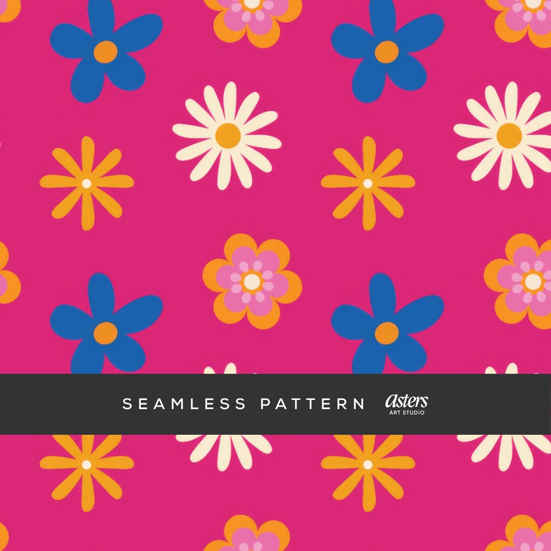 Groovy Flower Seamless Pattern, Retro 70s Floral Digital Paper Hot Pink ...