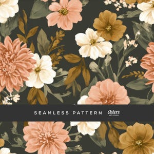 May include: Seamless floral pattern featuring peach, white, and brown flowers with green and brown leaves on a dark background. The text "SEAMLESS PATTERN" is displayed across the image.