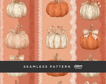 Coquette Pumpkin Seamless Pattern Fall Lace Digital Paper with Bows Floral Autumn Harvest Design Vintage Cottagecore Repeat Background