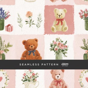 Könnte beinhalten: Nahtloses Aquarellmuster mit Teddybären, Blumen und Geschenkboxen in einem sich wiederholenden Raster. Das Design umfasst Teddybären mit Schleifen, Rosensträuße und andere Blumenarrangements in einer weichen, pastellfarbenen Farbpalette.