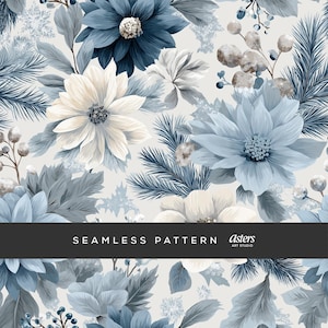 Peut inclure: Motif floral sans couture avec de grandes fleurs bleues, blanches et grises. Le motif comprend divers types de fleurs, de feuilles et de baies, créant un thème botanique élégant. Le texte "SEAMLESS PATTERN" est affiché sur une bannière noire.