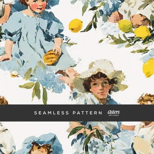 Amalfi Children Seamless Pattern, Vintage Italian Summer Digital Paper, Lemon and Kids Clipart, Mediterranean Coastal Sublimation PNG