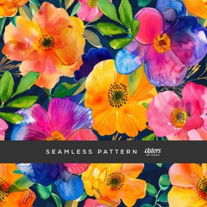 Bold Aquarell Floral nahtlose Muster, lebendige Sommer Blumen Digital Papier, Navy Hintergrund Oberflächendesign, heller Malerdruck