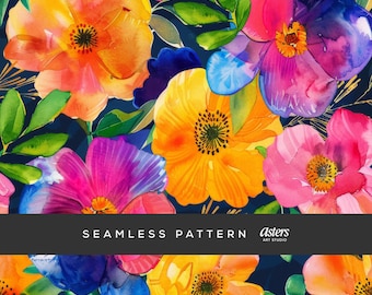 Bold Watercolor Floral Seamless Pattern, Vibrant Summer Flowers Digital Paper, Navy Background Surface Design, Bright Painterly Print