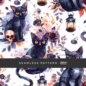 Halloween Black Cat Seamless Pattern with Skulls Lanterns Roses and Pumpkins in Watercolor Style for Fabric Paper Crafts and Decor