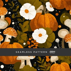 Pode incluir: Padrão sem costura com abóboras, cogumelos e flores brancas sobre um fundo preto. As abóboras são laranja com manchas brancas, e os cogumelos têm chapéus laranja e brancos. O texto "SEAMLESS PATTERN" é exibido.