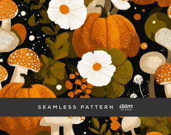 May include: A seamless pattern with pumpkins, mushrooms, and white flowers set against a black backdrop. The pumpkins are orange with white speckles, and the mushrooms have orange and white caps. The text "SEAMLESS PATTERN" is displayed.