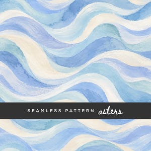 May include: A seamless pattern featuring wavy, watercolor-style brushstrokes in shades of light blue, teal, and cream. A black horizontal banner across the center displays the white text SEAMLESS PATTERN asters in a clean, sans-serif font.