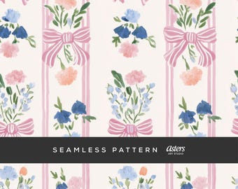 Preppy Pink Bow Seamless Pattern, Floral Stripe Digital Paper, Cottagecore Grandmillennial Surface Design, Feminine Vintage Gift Wrap Paper