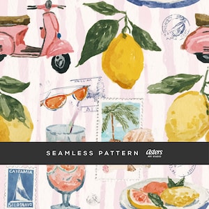 Dolce Vita Seamless Pattern Amalfi Coast Carta digitale Design estivo mediterraneo Superficie Limoni Cartoline senza soluzione di continuità Sfondo ripetuto