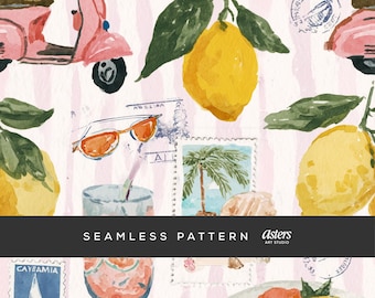 Dolce Vita Seamless Pattern Amalfi Coast Digital Paper Mediterranean Summer Surface Design Lemons Seamless Postcards Repeat Background