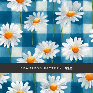 May include: Seamless pattern featuring white daisies with orange centers and green stems against a blue and white checkered background. The text "SEAMLESS PATTERN" is displayed in white on a black banner. "Asters ART STUDIO" is also displayed.