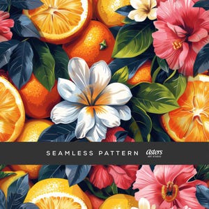 Tropisches Blumen-Zitrus-Muster-Bündel, Hibiskus und Orangen-Digital-Papier, exotische Sommerfrucht-Hintergrund, lebendige Wiederholungs-Designs