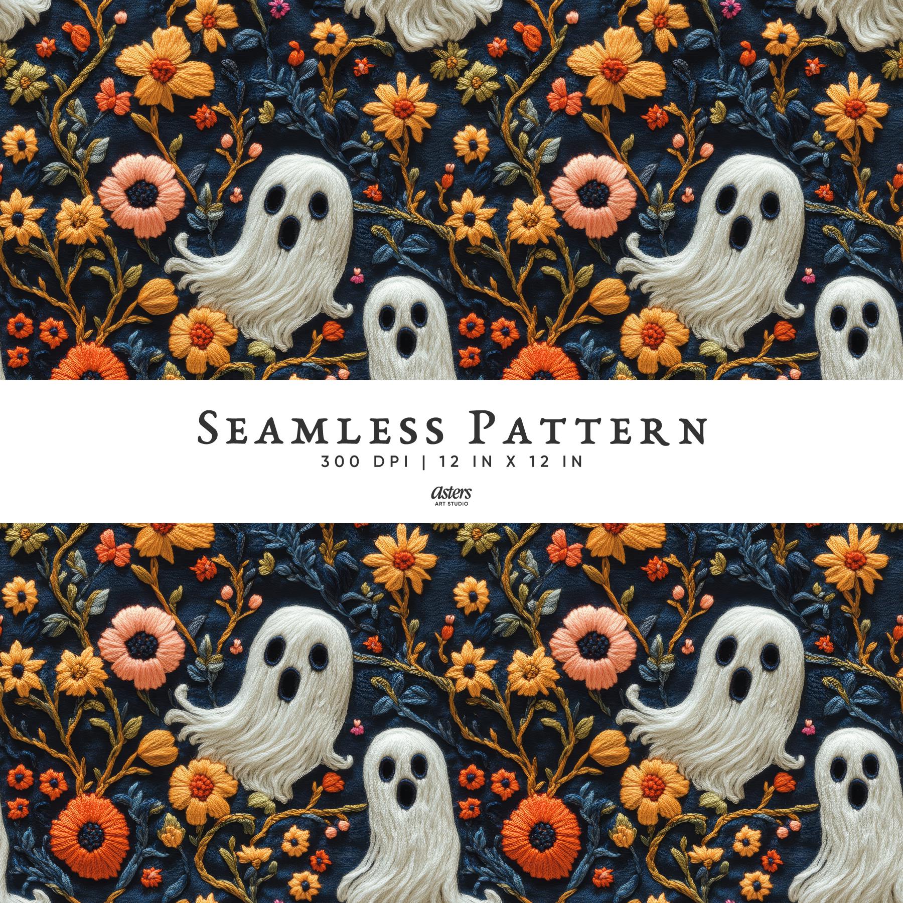3D Embroidery Halloween Floral Ghost Seamless Faux Embroidery Halloween ...